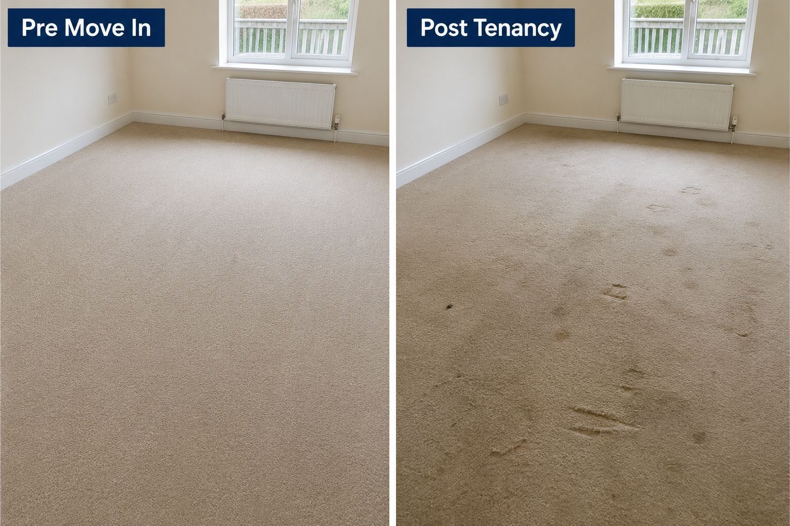 Side-by-side comparison of the same bedroom carpet: clean at move-in, stained and worn at the end of the tenancy